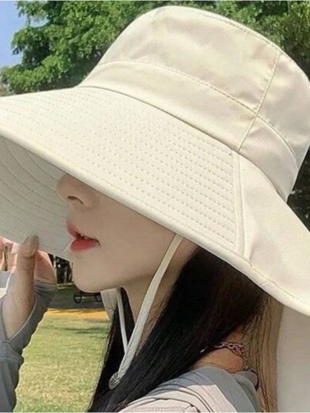 Wide Brim Sun Hat with Neck Protection - Cream